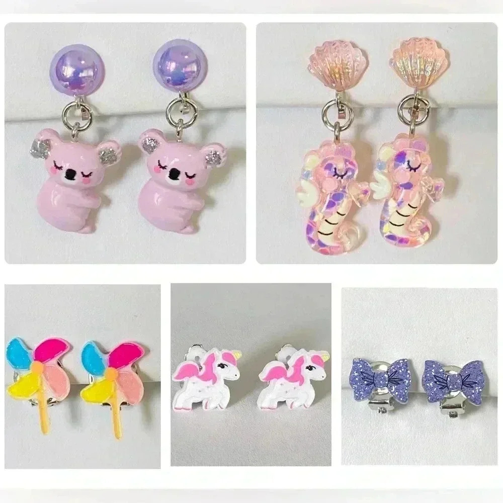 5 Pairs Kids Clip On Earrings Rainbow Koala Seahorse Unicorn Bow Pinwheel